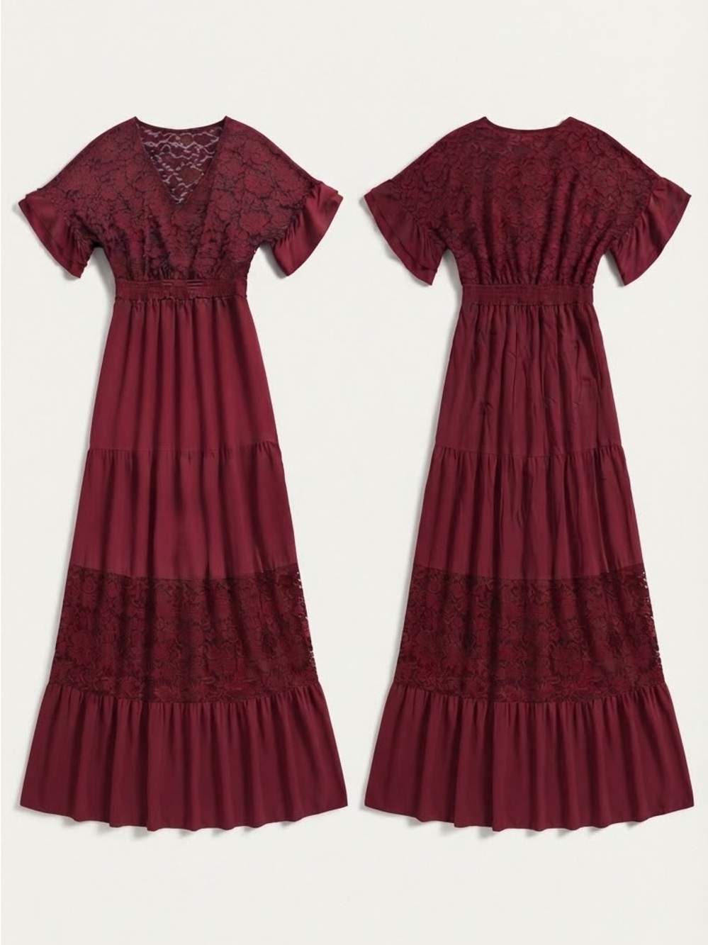 Burgundy lace top and insert tiered Maxi dress - Size Small